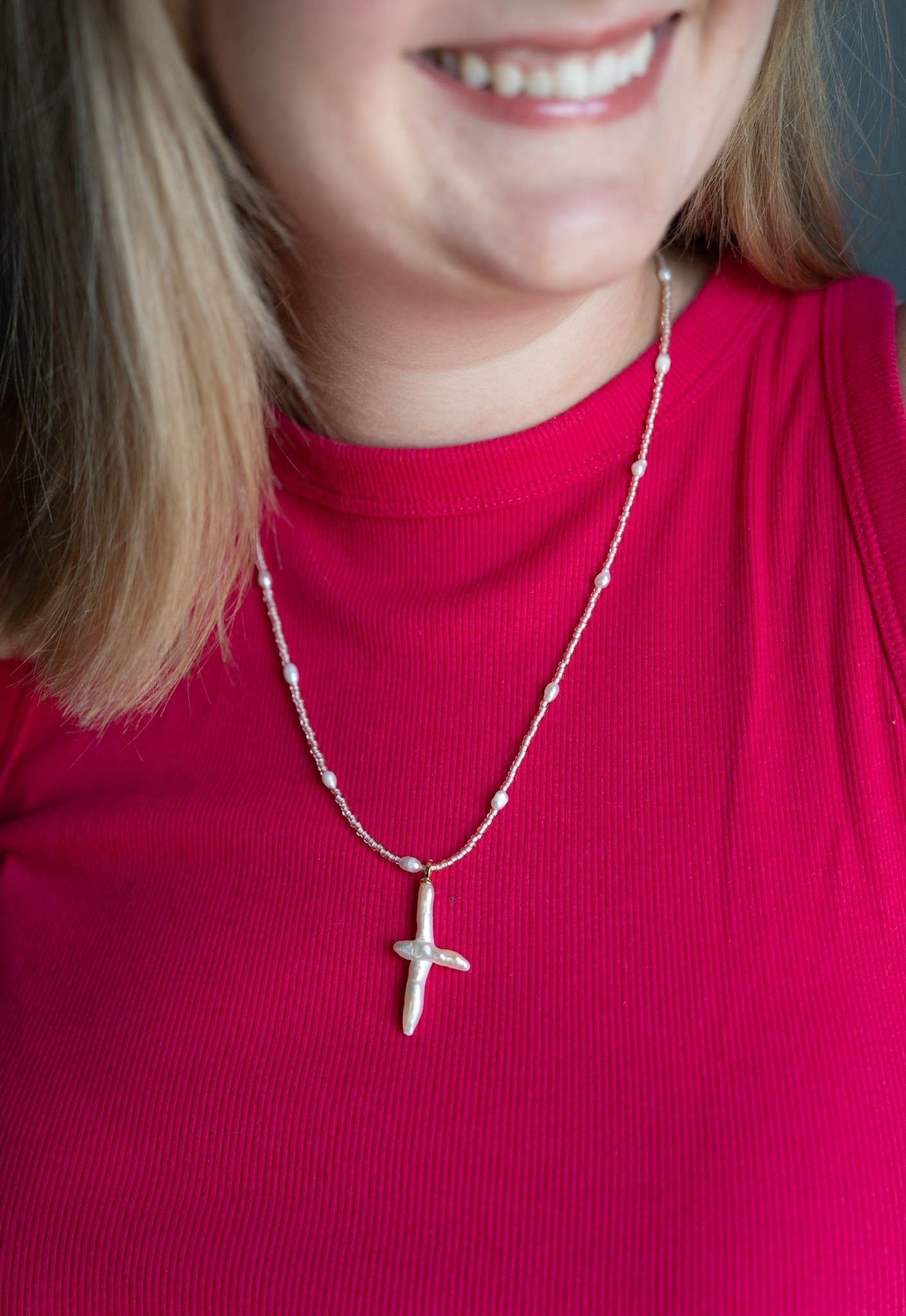 Pearl Cross Necklace with Champagne beads and pearlsWebster Wax Company