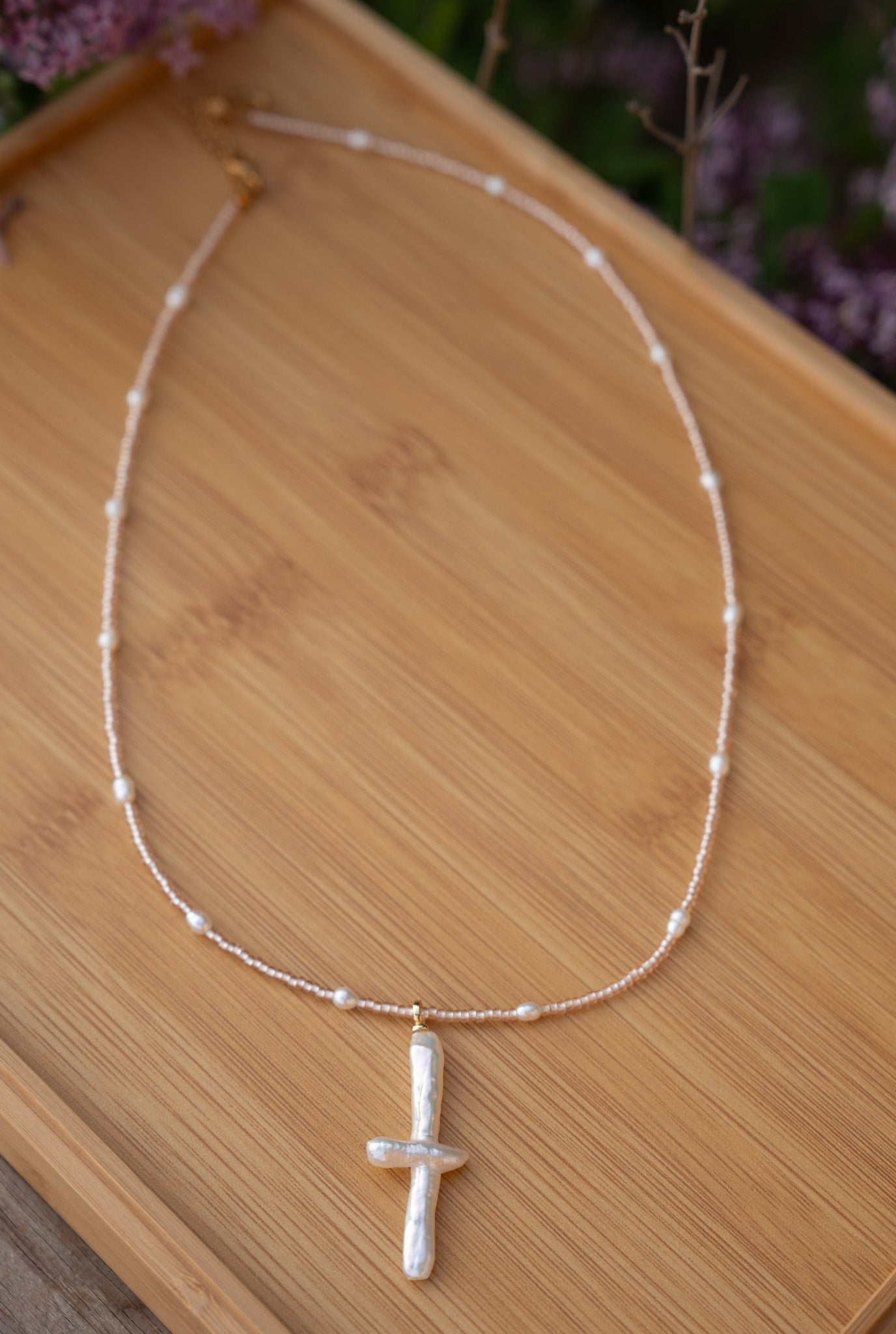 Pearl Cross Necklace with Champagne beads and pearlsWebster Wax Company