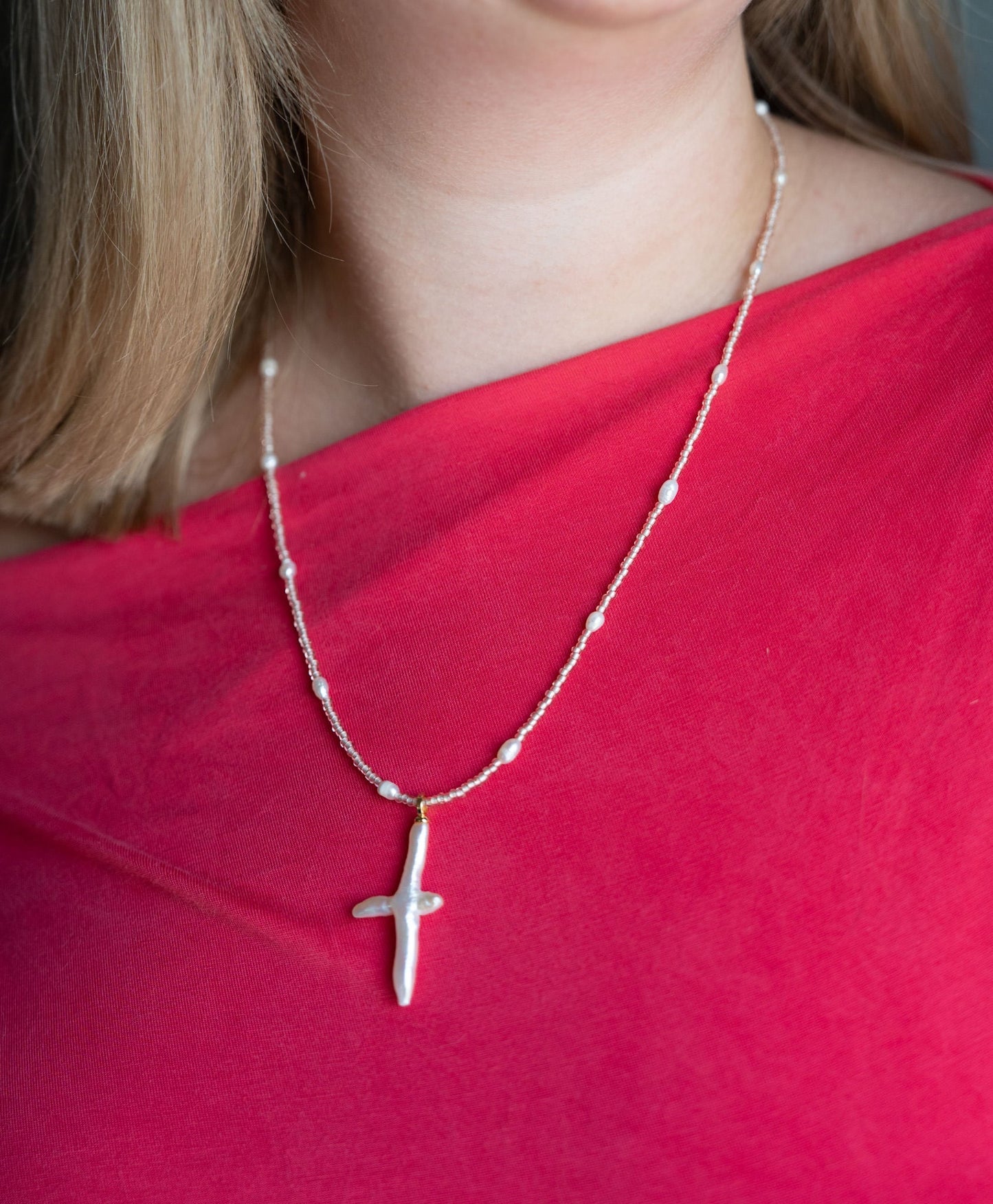 Pearl Cross Necklace with Champagne beads and pearlsWebster Wax Company