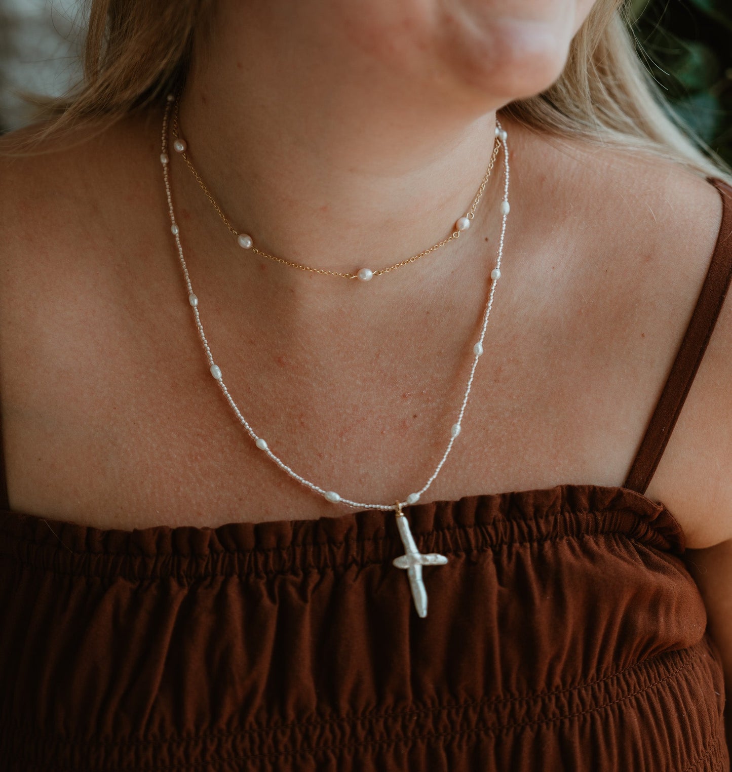 Pearl Cross Necklace with Champagne beads and pearlsWebster Wax Company