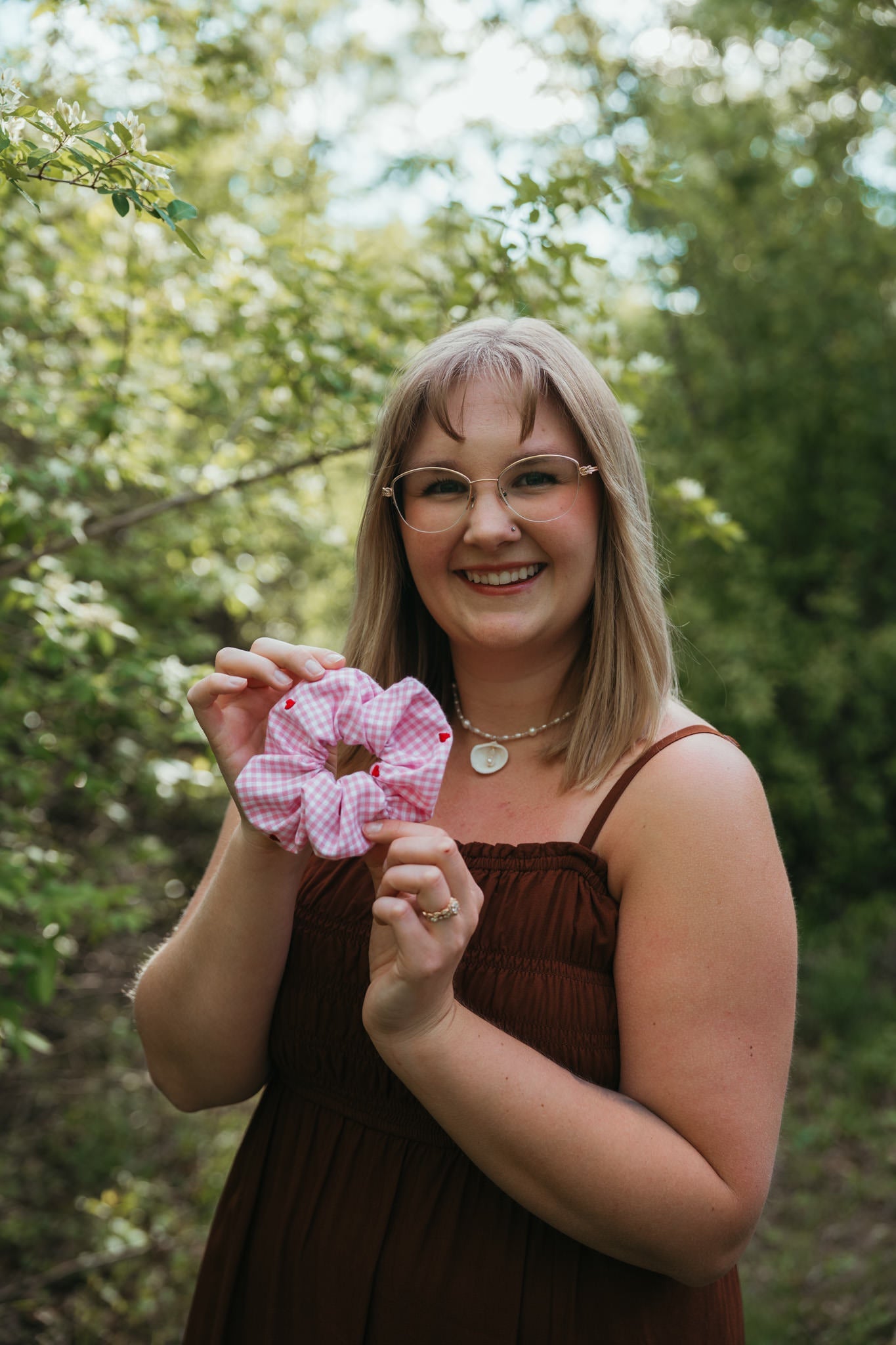 Pink Gingham and Hearts ScrunchieWebster Wax Company
