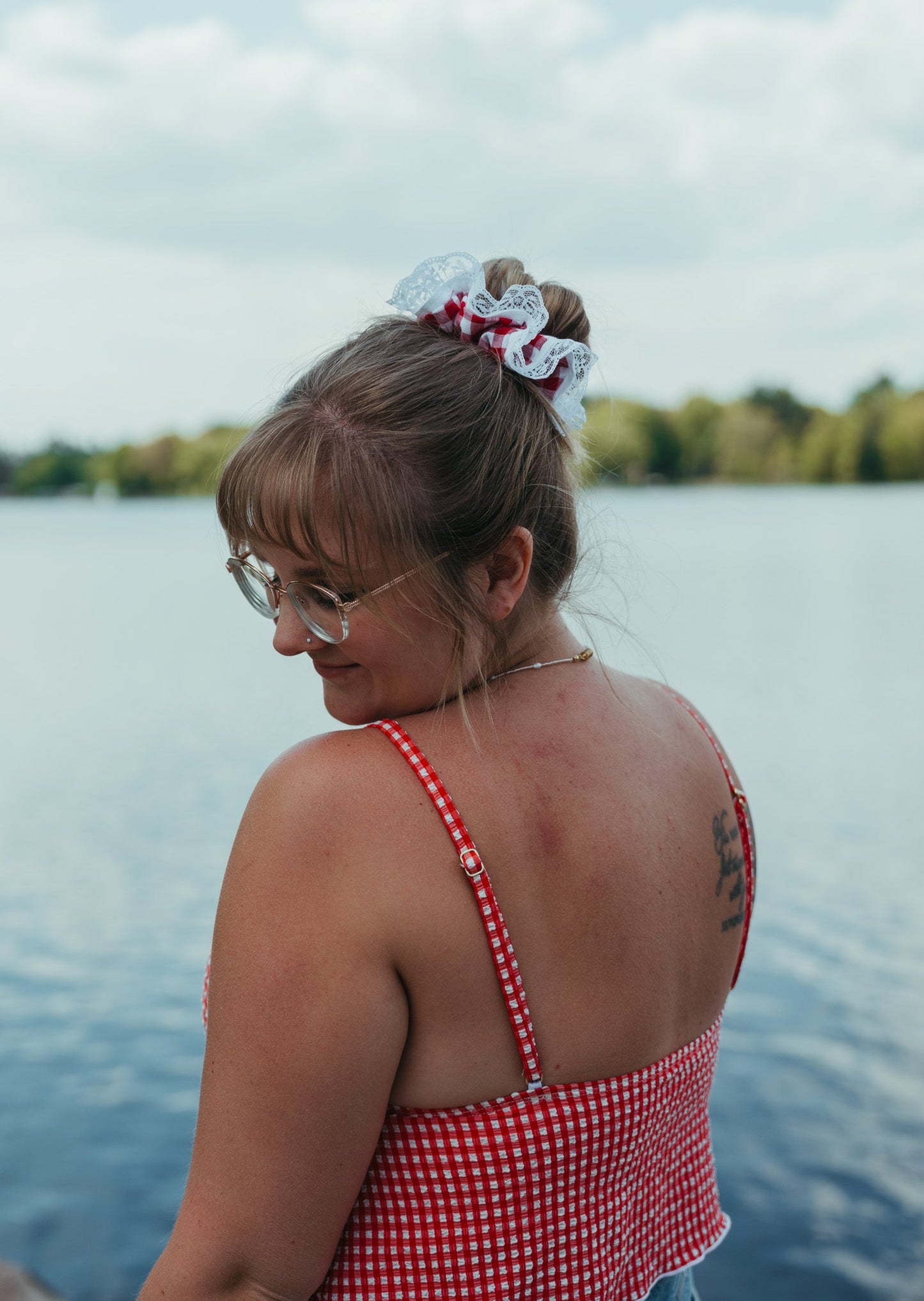 Red Gingham and Lace ScrunchieWebster Wax Company