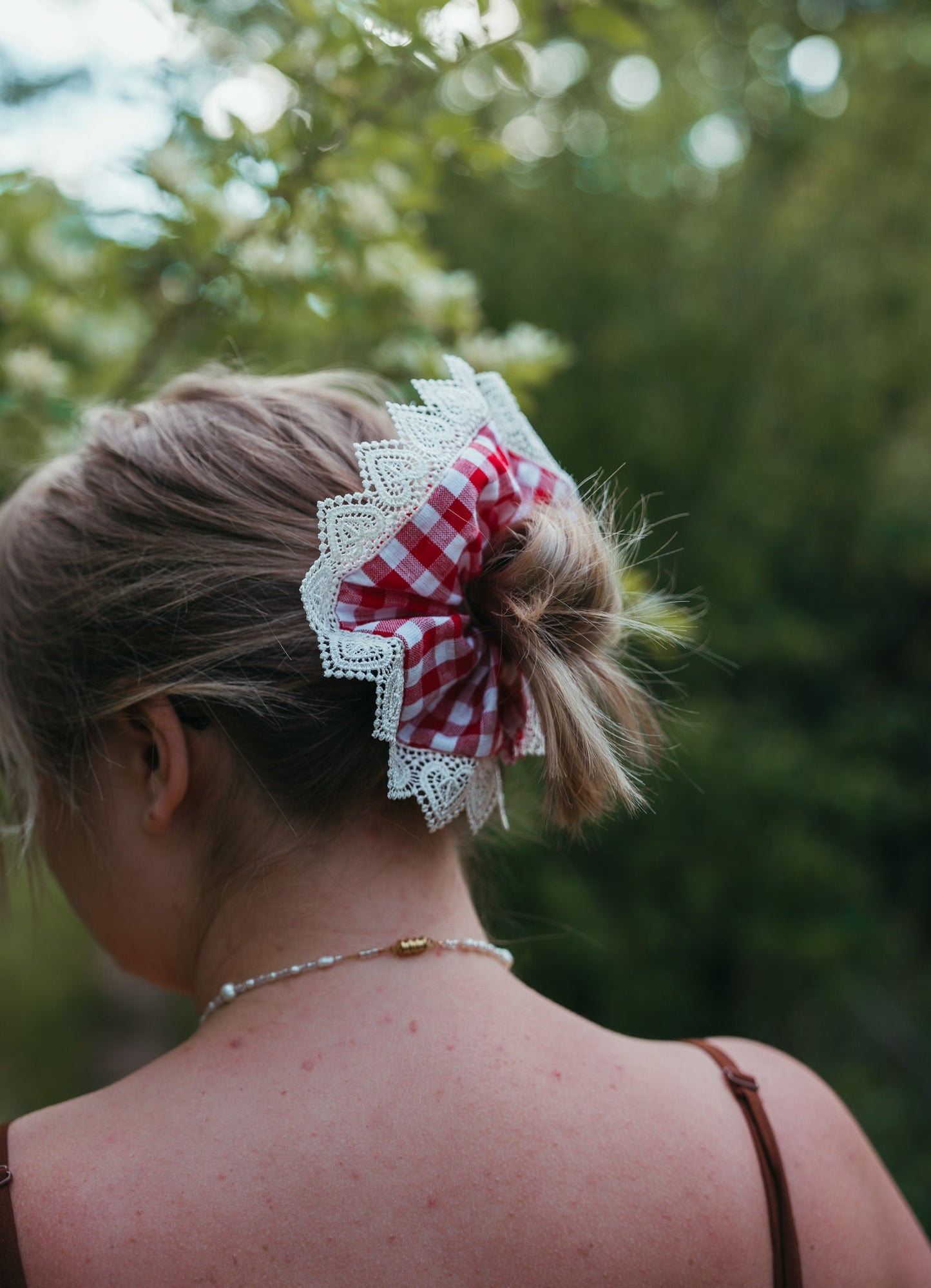 Red Gingham with Heart Lace ScrunchieWebster Wax Company