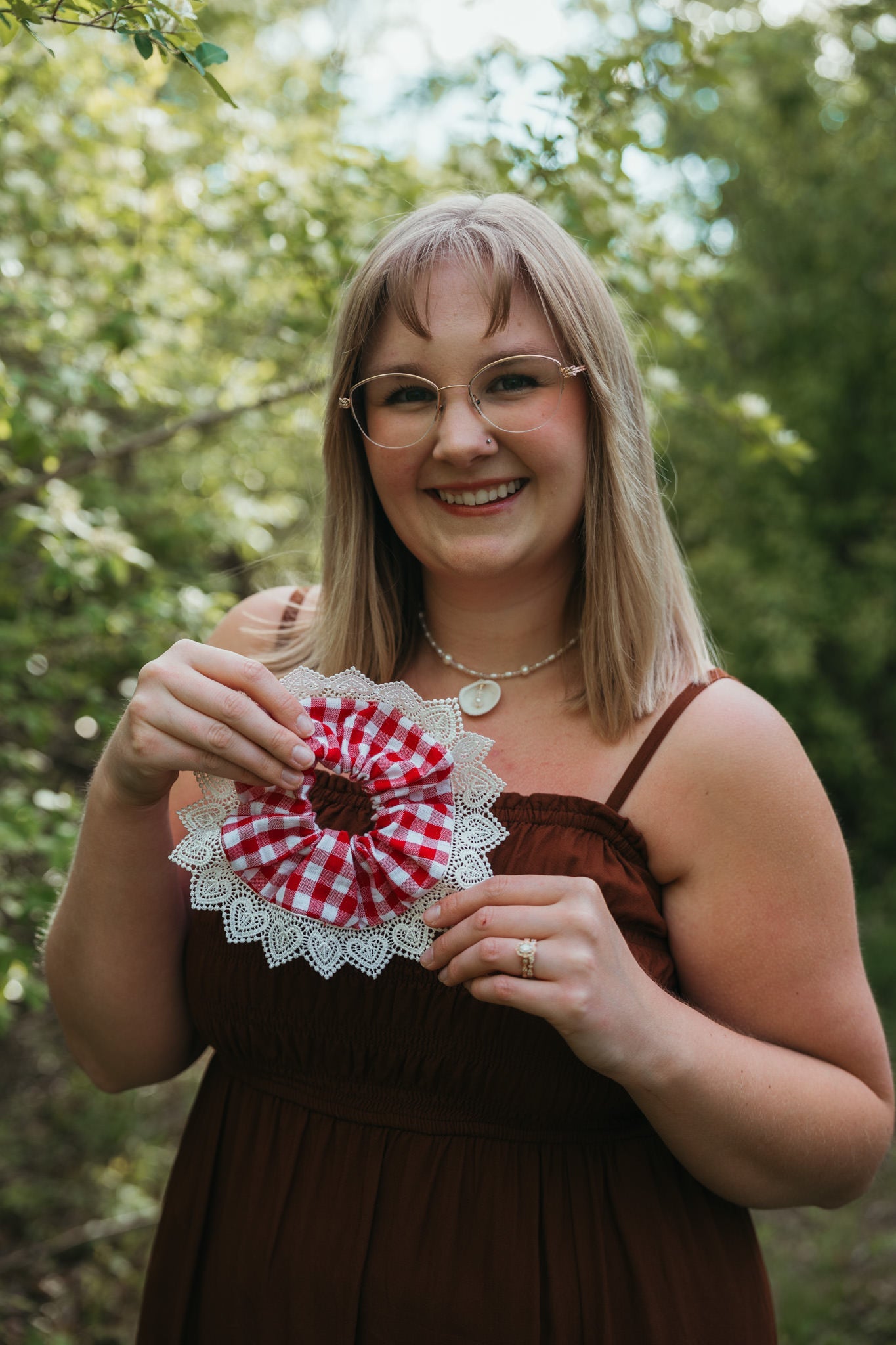 Red Gingham with Heart Lace ScrunchieWebster Wax Company
