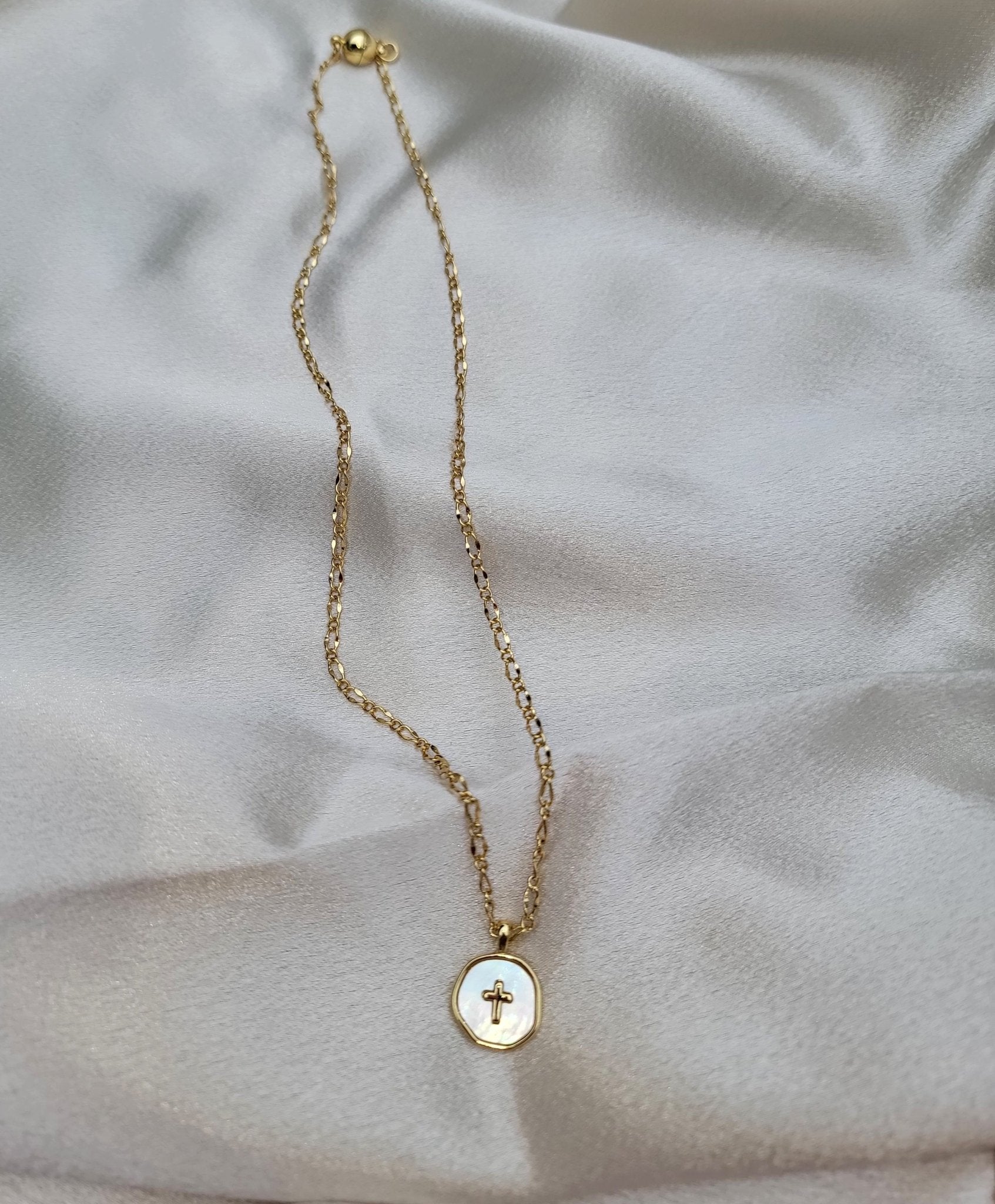 Circle Pearl Cross & Gold Chain NecklaceHello Bella LLC