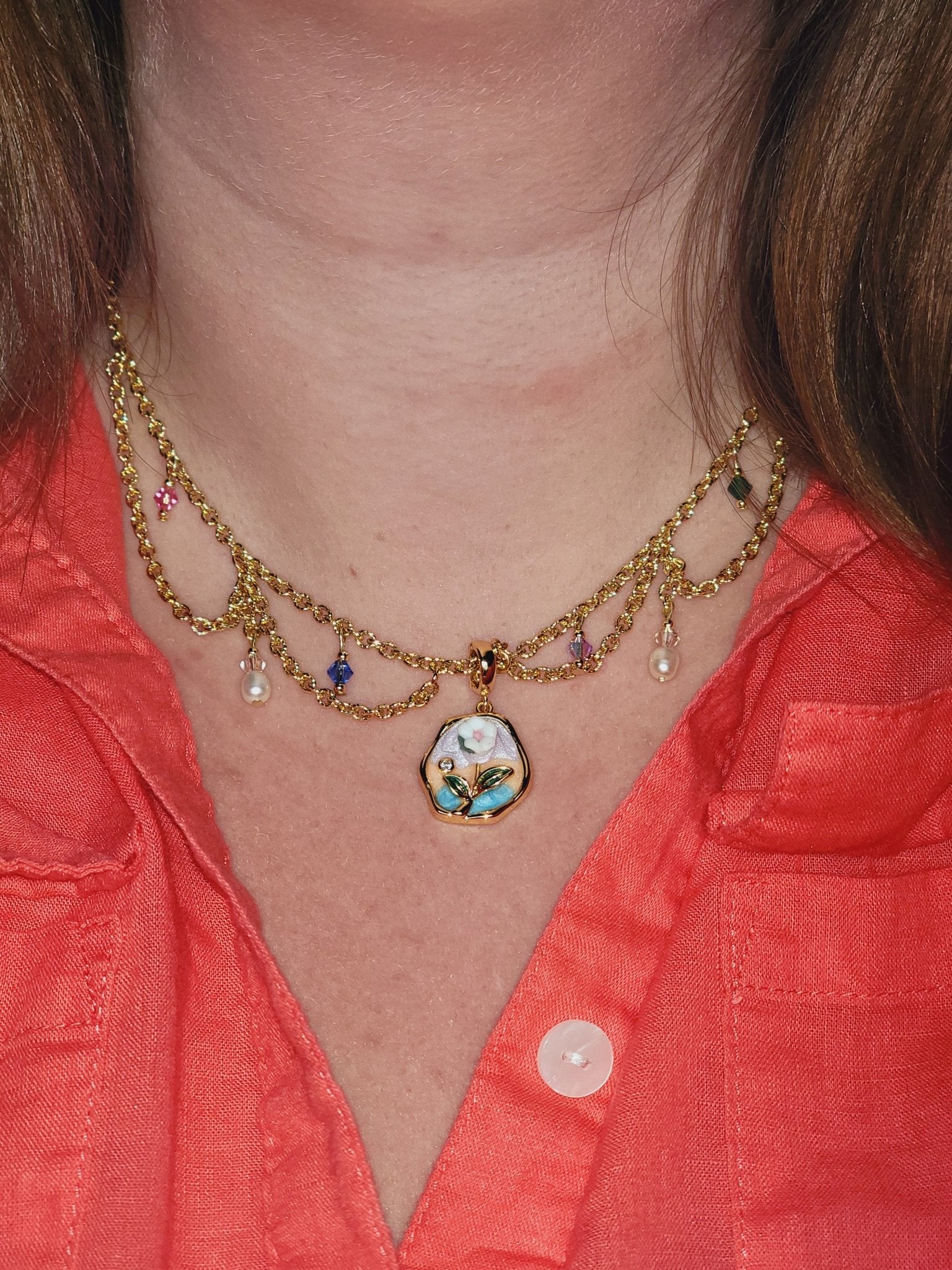 Gold Filled Coquette Draped Necklace | Vintage Style Floral CharmHello Bella LLC