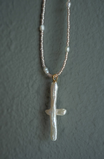 Pearl Cross Necklace with Champagne beads and pearlsWebster Wax Company