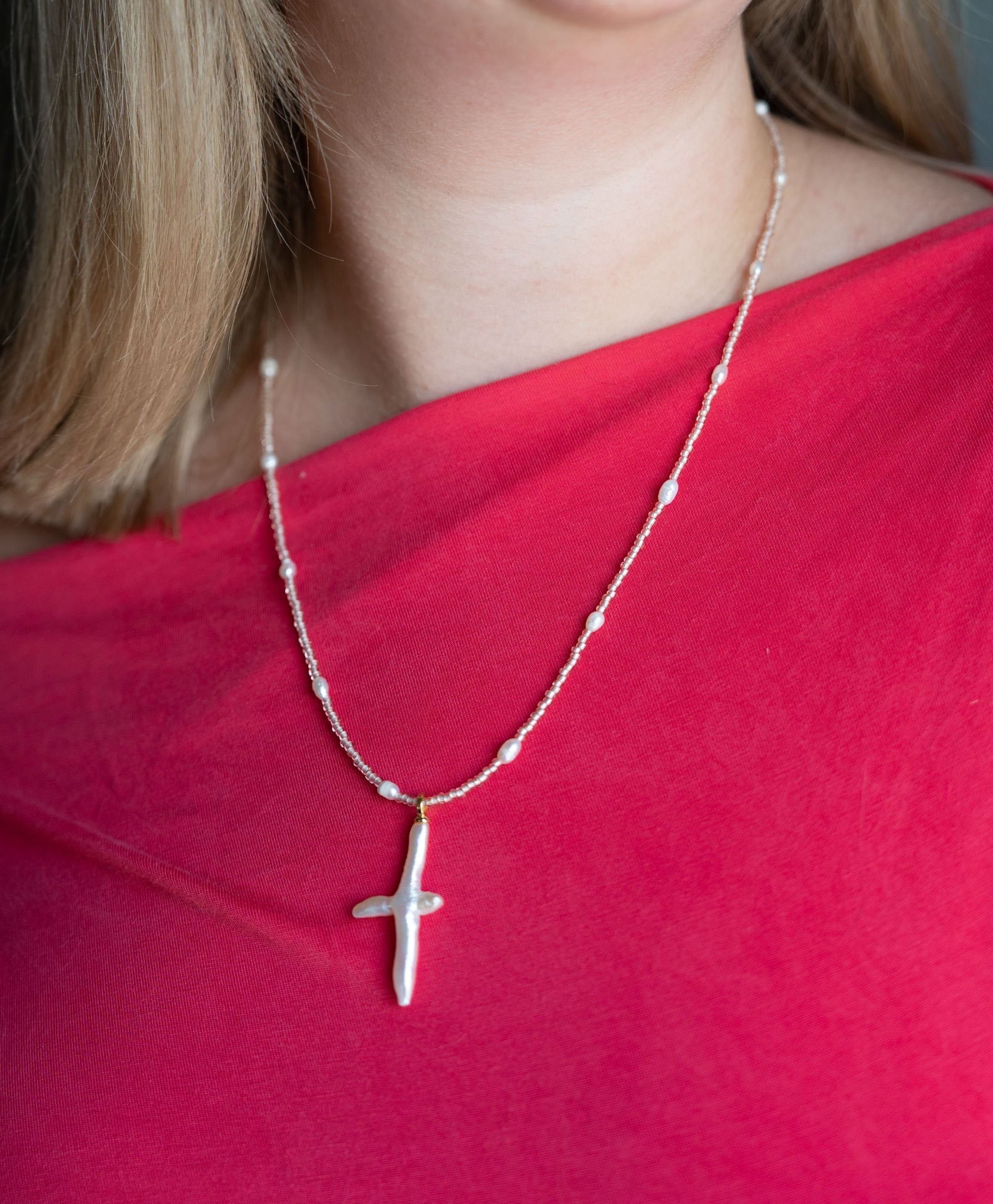 Pearl Cross Necklace with Champagne beads and pearlsWebster Wax Company