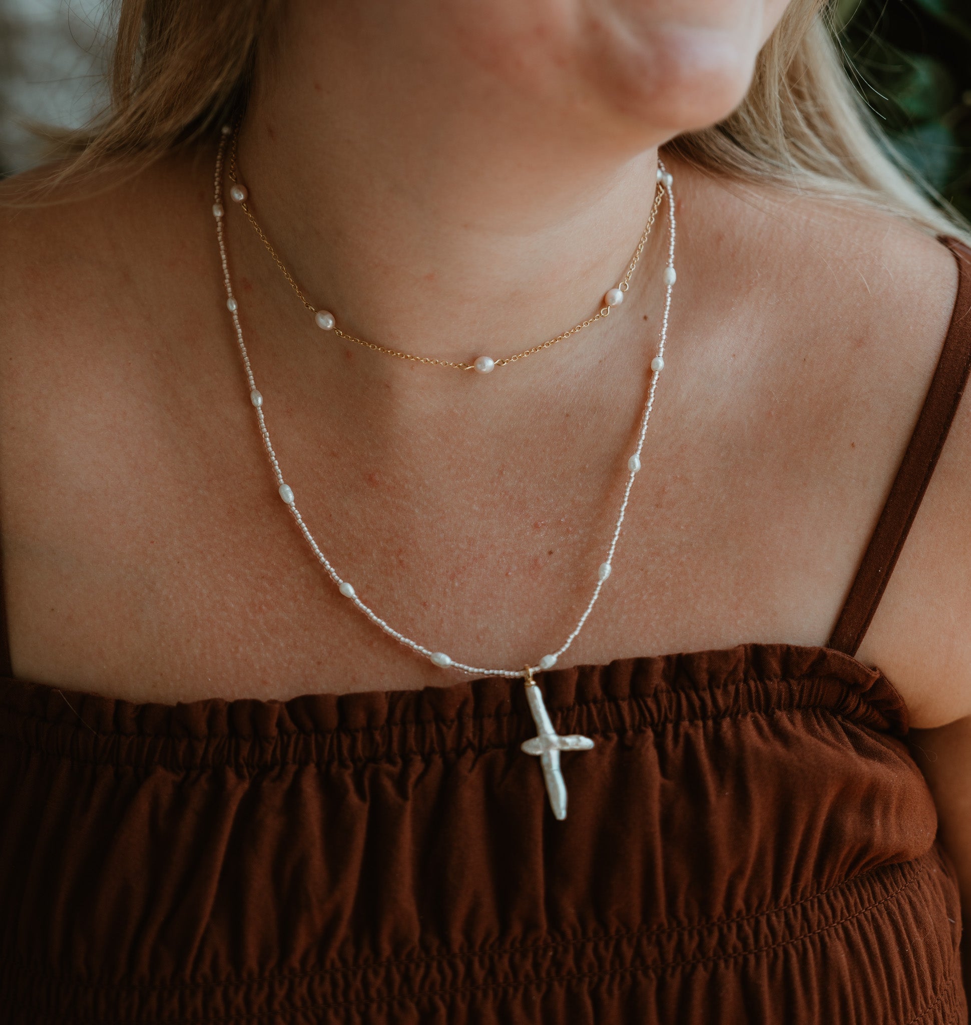 Pearl Cross Necklace with Champagne beads and pearlsWebster Wax Company