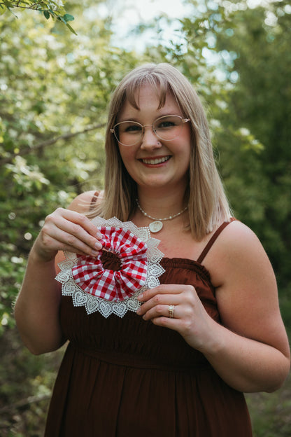 Red Gingham with Heart Lace ScrunchieWebster Wax Company